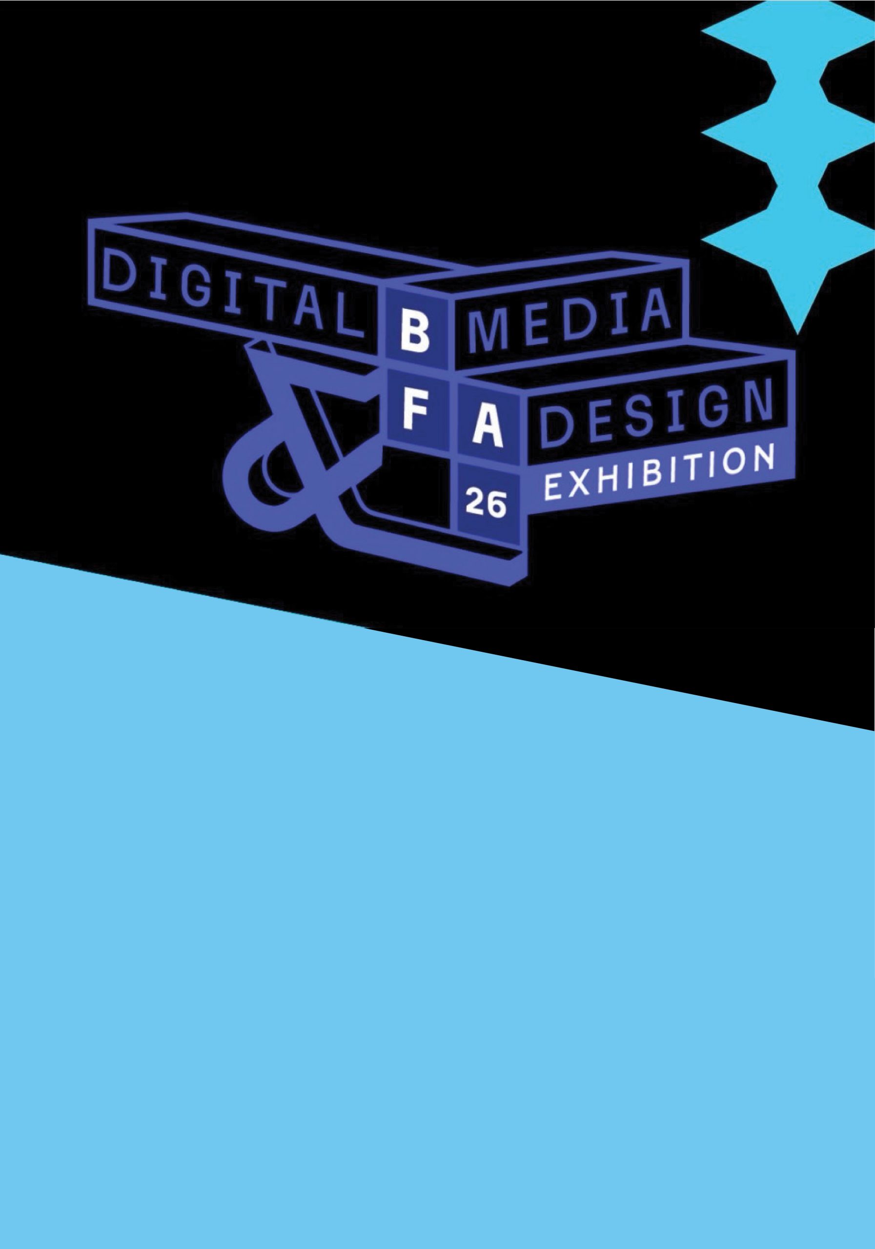 Poster featuring stylized purple text reading “Digital Media Design Exhibition 26” on a dark textured background with light blue geometric accents.