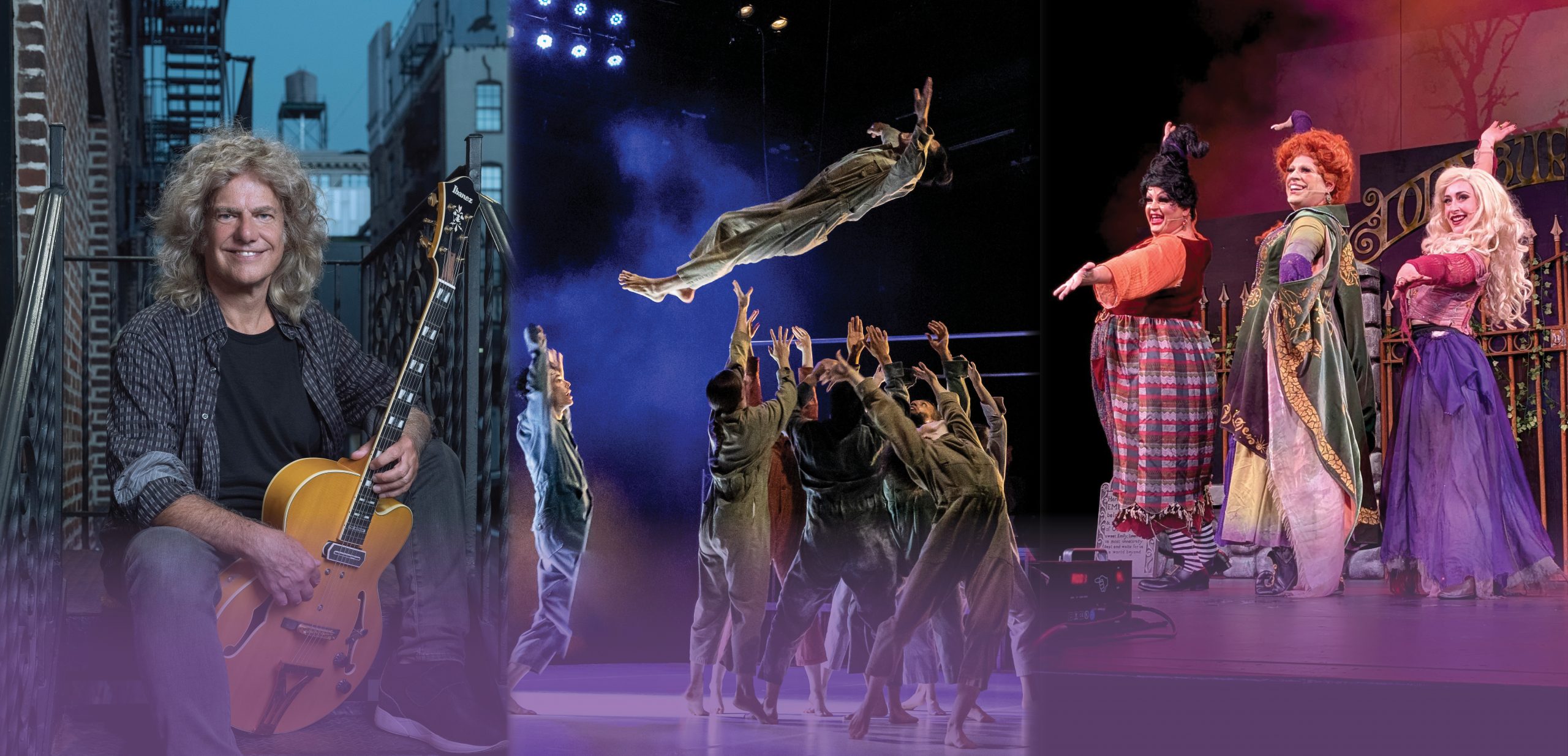 Promotional collage featuring three performing arts scenes. On the left, a smiling musician with long curly hair sits on outdoor steps holding a hollow-body guitar. In the center, a dancer is suspended horizontally in midair above a group of performers reaching upward under blue stage lighting. On the right, three actors in colorful costumes perform on stage, smiling and gesturing toward the audience. A soft purple gradient overlays the bottom of the image.